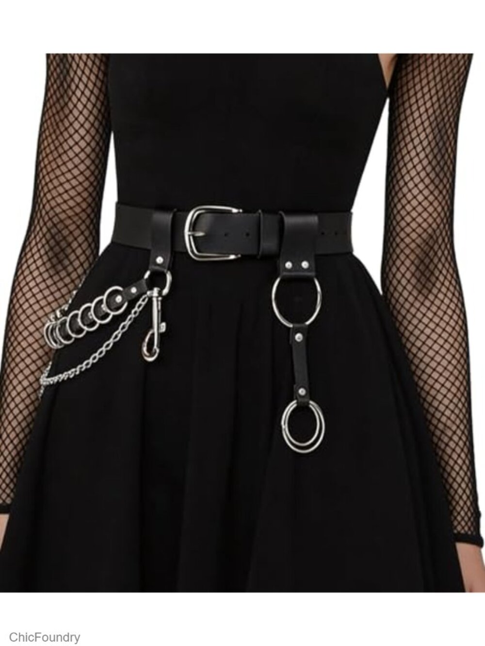 Punk Gothic Chain Belt Faux Leather Adjustable Waist Belt Alloy Rings Streetwear